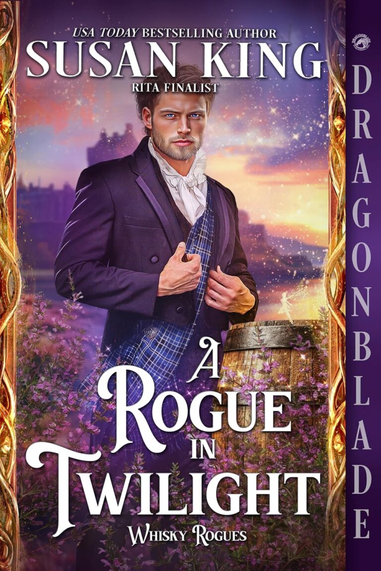 The cover of A Rogue in Twilight features a Scottish laird standing in the Highlands against a sunset.
