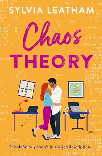 The book cover of Chaos Theory by Sylvia Leatham features two office workers lightly embracing in front of workstations.